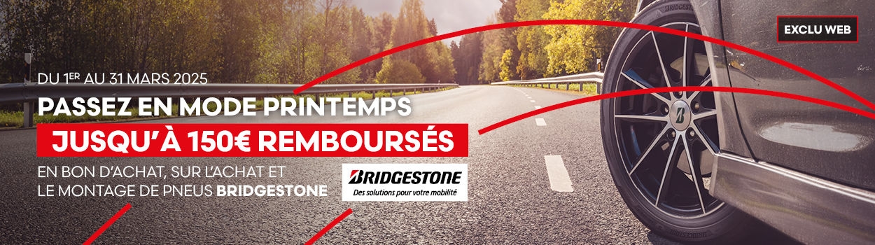 Jusqu'à 150€* offerts en bon d'achat sur les pneus de la marque Bridgestone