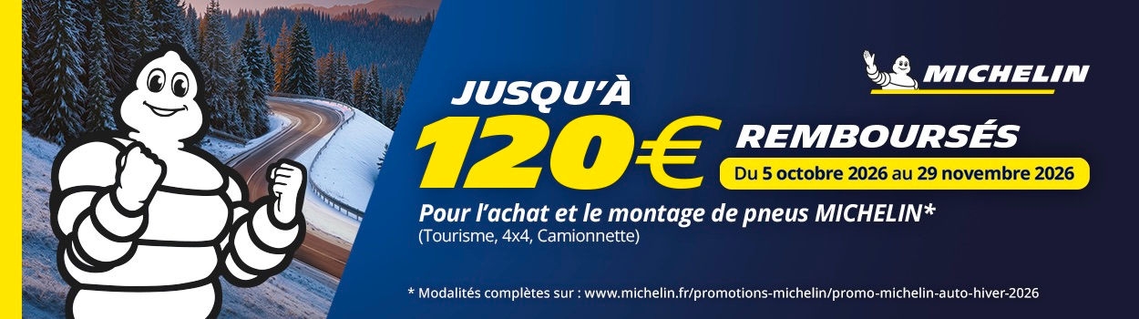 Jusqu'à 120€* remboursés pour l'achat et le montage de 2 ou 4 pneus Michelin*!
