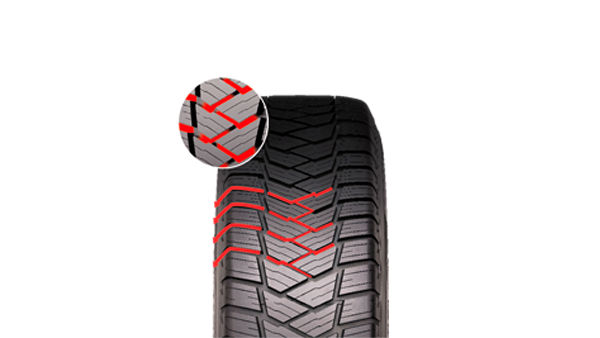 bande de roulement du pneu avec les rainures mises en évidence en rouge