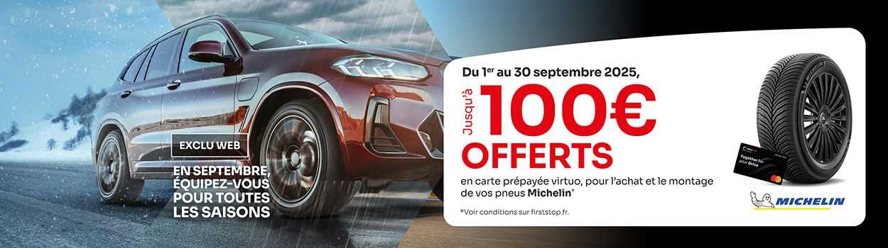 Exclusivité Web : Jusqu'à 100€* offerts en carte prépayée pour l'achat et le montage de pneus Michelin !