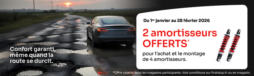 2 amortisseurs offerts* pour l’achat et le montage de 4 amortisseurs ! 