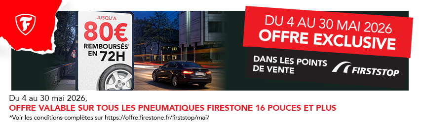 Jusqu'à 80€ remboursés* sous 72h pour l'achat et le montage de 2 ou 4 pneus Firestone!