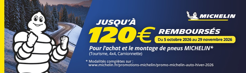 Jusqu'à 120€ remboursés* pour l'achat et le montage de pneus Michelin!