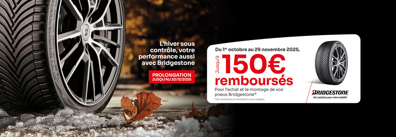 Prolongation : Jusqu'à 150€ remboursés sous 48h pour l'achat et le montage de 2 ou 4 pneus Bridgestone ! 