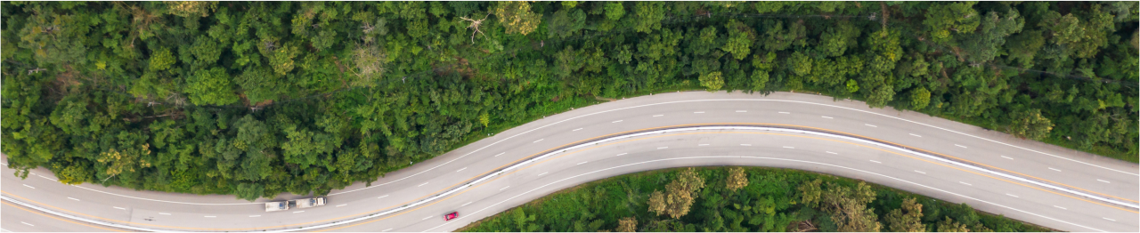 une vue aérienne d'une route incurvée au milieu d'une forêt